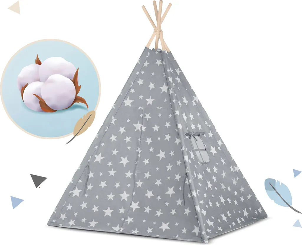  Tipi Zelt Spielzelt Baumwolle Kinderzelt Mit 2 Kissen Matratze Beleuchtung - Grau Mit Sternen