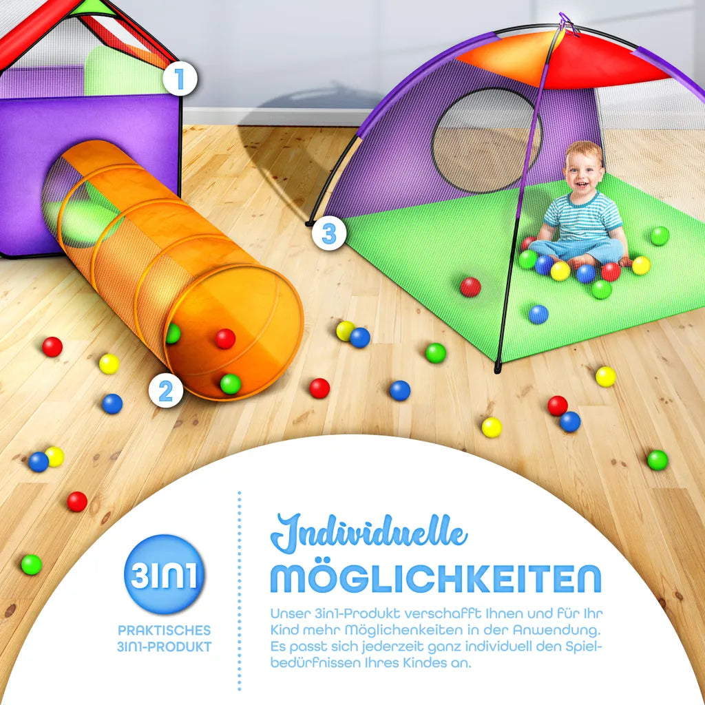  KIDUKU Spielzelt + 200 Bälle + Tunnel + Tasche Kinderzelt Bällebad Babyzelt