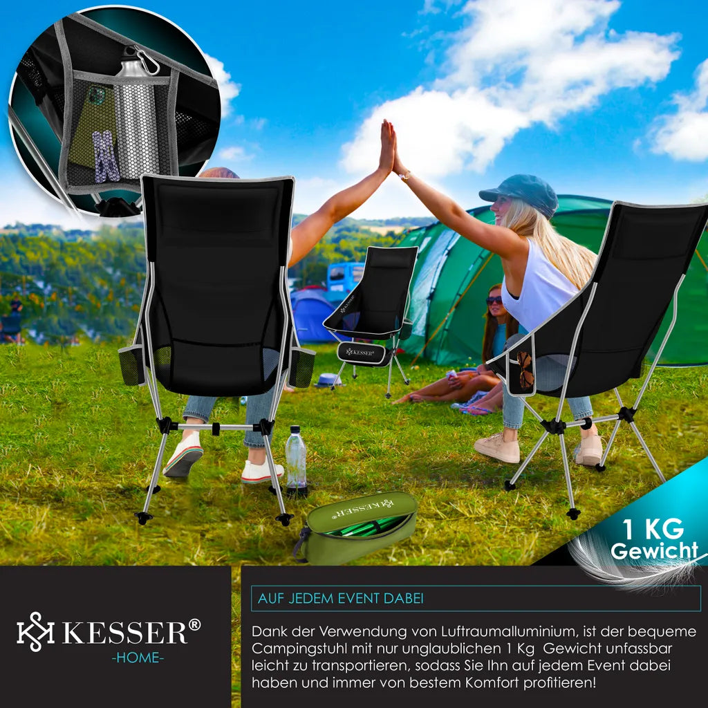  KESSER® Campingstuhl Faltbar Klappbar Mit Hoher Rückenlehne Tragbar Angel Stuhl Camping Stuhl Faltstuhl Bis 120 Kg Strandstuhl Angelstuhl Klapphocker Mit Getränkehalter , Outdoor Stuhl, Farbe:Schwarz / Grau