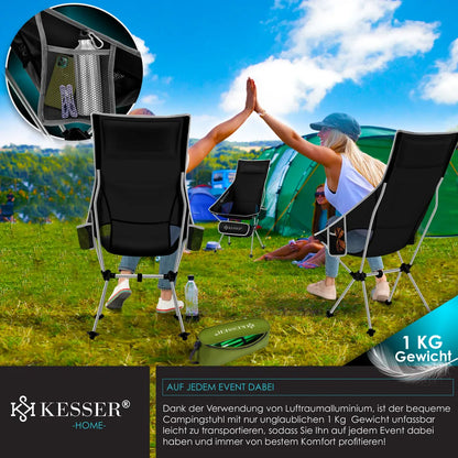 KESSER® Campingstuhl Faltbar Klappbar Mit Hoher Rückenlehne Tragbar Angel Stuhl Camping Stuhl Faltstuhl Bis 120 Kg Strandstuhl Angelstuhl Klapphocker Mit Getränkehalter , Outdoor Stuhl, Farbe:Schwarz / Grau