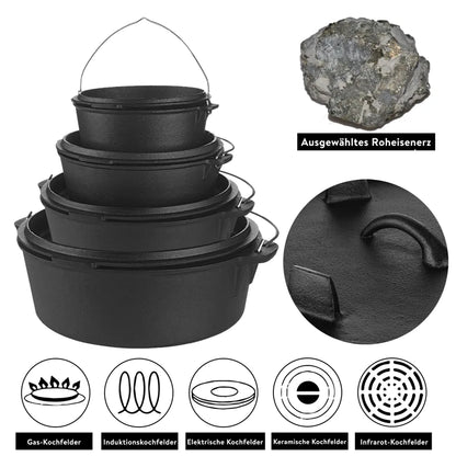 Mucola Gusseisen Feuertopf Gusstopf Inkl. Deckelgriff 2in1 Kochtopf & Pfanne 4,2L Dutch Oven Potjie Camping Kochgeschirr