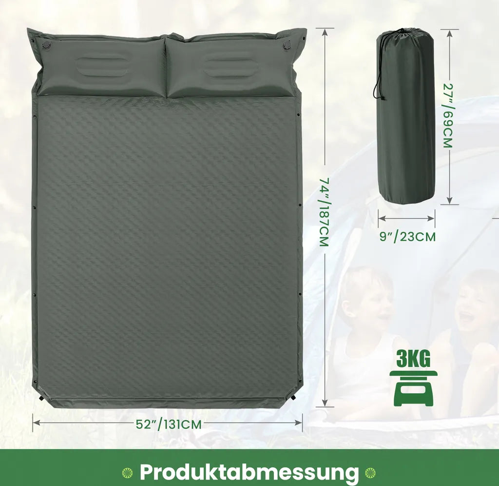  COSTWAY Camping Isomatte Selbstaufblasend, 2 Personen Campingmatte Mit Kissen, Ultraleicht, Wasserdicht, Luftmatratze Camping Matratze Schlafmatte Für Camping, Wandern, Strand, Reisen