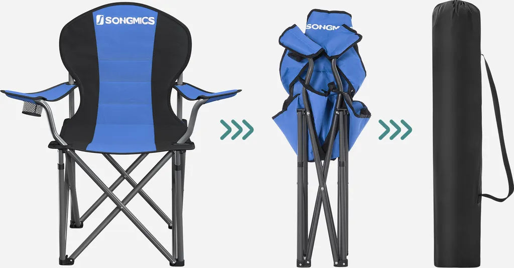  SONGMICS Campingstuhl, Klappbar, Klappstuhl, Komfortabler Mit Schaumstoff Gepolsterter Sitz, Mit Flaschenhalter, Hoch Belastbar, Max. Belastbarkeit 250 Kg, Outdoor Stuhl, Blau GCB06BU