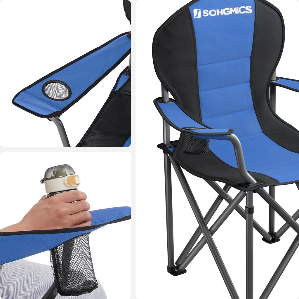  SONGMICS Campingstuhl, Klappbar, Klappstuhl, Komfortabler Mit Schaumstoff Gepolsterter Sitz, Mit Flaschenhalter, Hoch Belastbar, Max. Belastbarkeit 250 Kg, Outdoor Stuhl, Blau GCB06BU