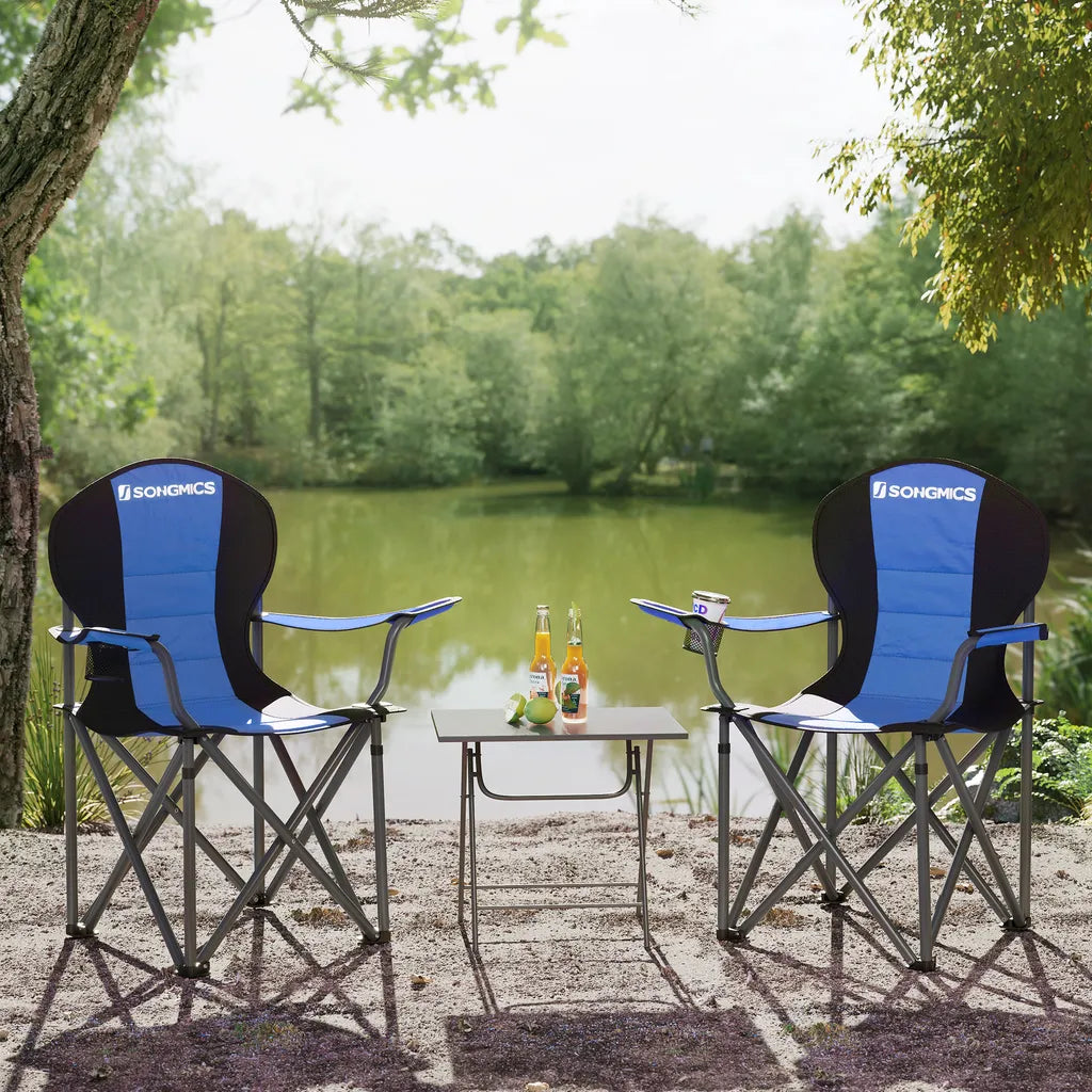  SONGMICS Campingstuhl, Klappbar, Klappstuhl, Komfortabler Mit Schaumstoff Gepolsterter Sitz, Mit Flaschenhalter, Hoch Belastbar, Max. Belastbarkeit 250 Kg, Outdoor Stuhl, Blau GCB06BU