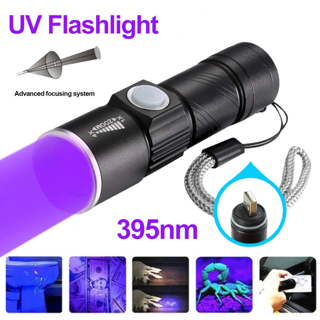  UV Taschenlampe Ultraviolette Lampenjagd 395nm Torch 4 Modi Blacklight Taschenlampen