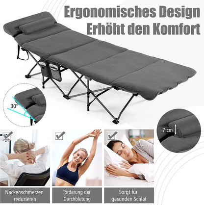  COSTWAY Feldbett Klappbar 190x67x53cm Campingbett Bis 150 Kg Belastbar Klappbett Mit Matratze, Kissen & Seitentasche, Tragbares Campingliege Inkl. Tragetasche Für Camping & Strand Grau