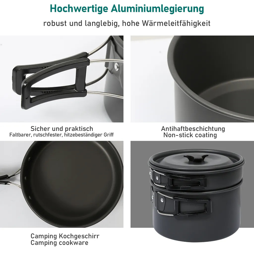  EINFEBEN 12x Camping Kochgeschirr Campinggeschirre 2-3Person Faltbare Wasserflasche 800ml Löffel Kochset