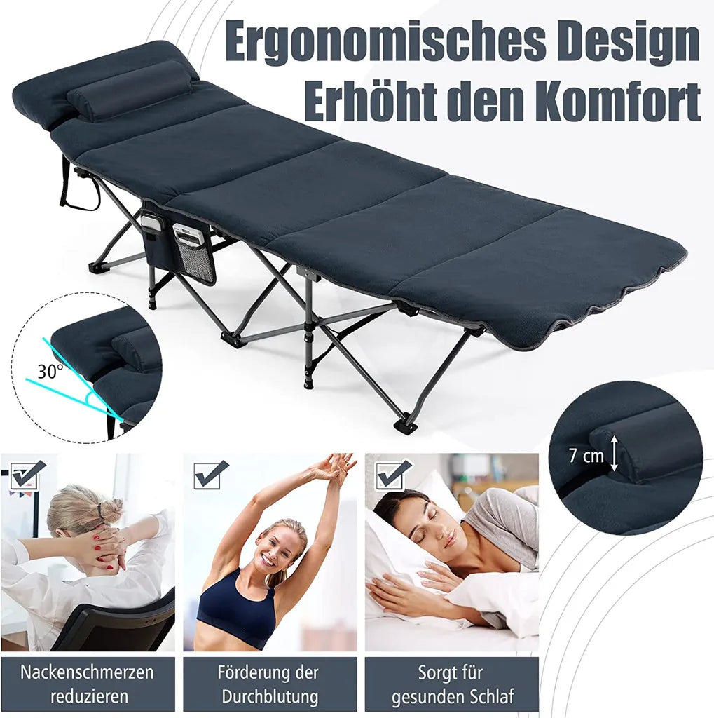  COSTWAY Feldbett Klappbar 190x67x53cm Campingbett Bis 150 Kg Belastbar Klappbett Mit Matratze, Kissen & Seitentasche, Tragbares Campingliege Inkl. Tragetasche Für Camping & Strand Blau