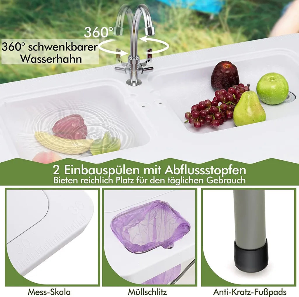  COSTWAY Fischreinigungstisch, Klappbarer Filetiertisch Mit 2 Eingebauten Spülen, Um 360° Drehbarem Wasserhahn & Messskala, Tragbarer Campingtisch Für Camping, Angeln, Grillen