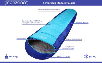  Monzana Schlafsack ARCTIC Mumienschlafsack 210x75cm Von -7°C Bis 10°C Deckenschlafsack Campingschlafsack Wandern Farbwahl, Farbe:dunkelblau-hellblau