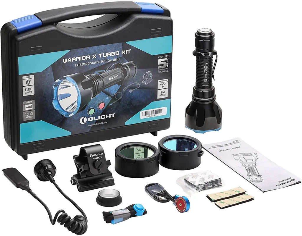  Olight Warrior X Turbo Kit Wiederaufladbare LED Taschenlampe Mit Viel Zubehör, 1100 Lumen Und 1000 Meter Leuchtweite