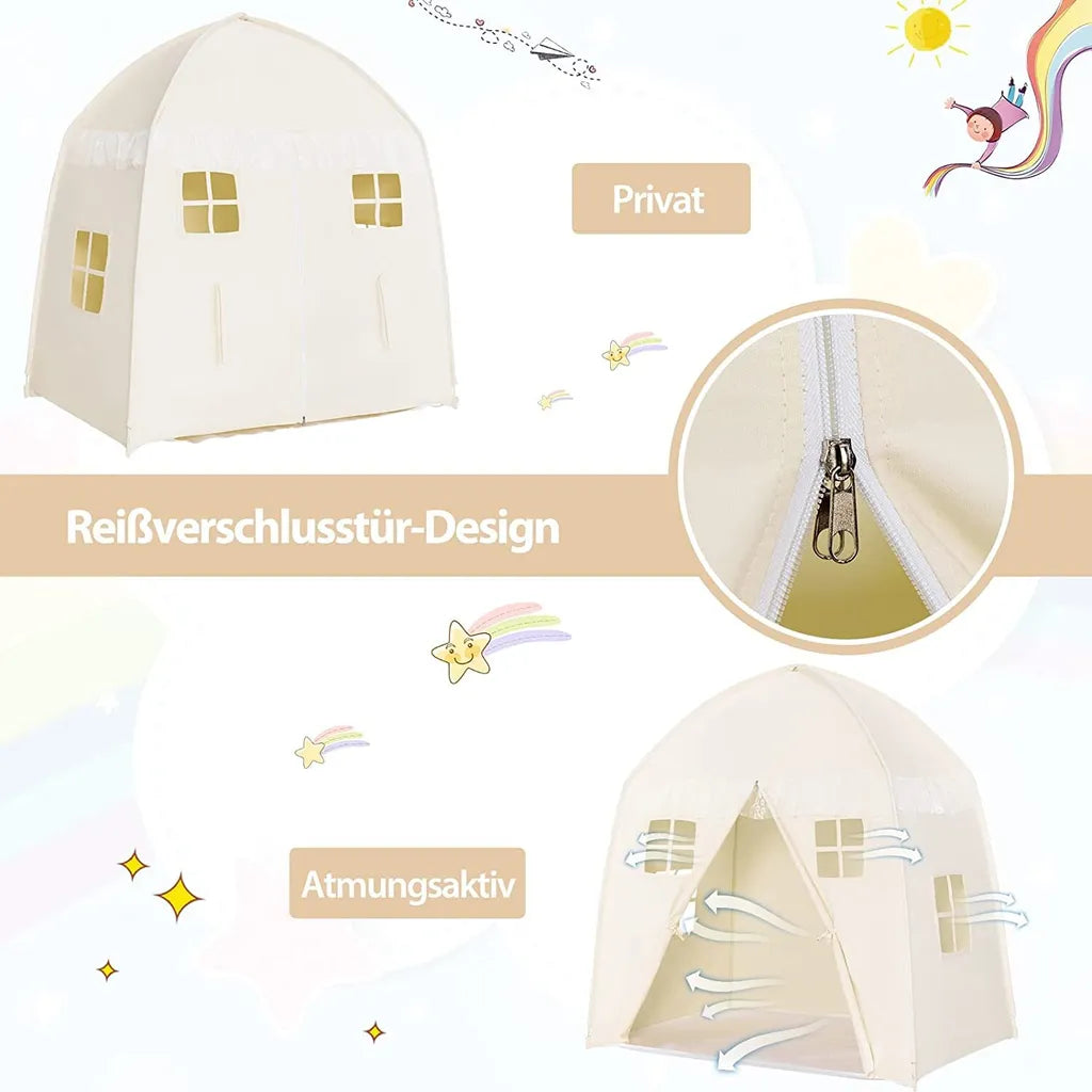  COSTWAY Kinderzelt, Großes Prinzessinnenzelt Mit Tragetasche, Anti-Rutsch-Matte, Reißverschluss-Design, Atmungsaktive Fenster, Tragbares Spielzelt Für Jungen Und Mädchen Ab 3 Jahren Beige