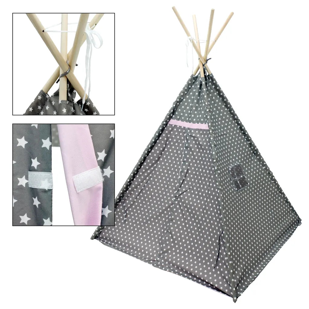  ECD Germany Spielzelt Für Kinder Mit Fenster, 115x115x160 Cm, Grau Mit Rosa Sternen, Aus Polyester - Drinnen Draußen - Kinderzelt Babyzelt Zelt Spielhaus Spielzeug Geschenkidee
