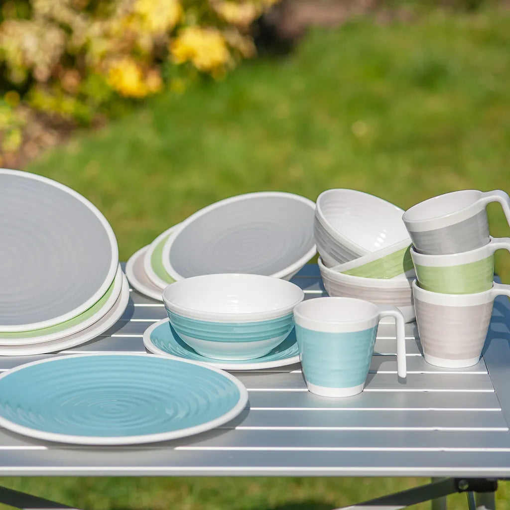  Melamin Camping Geschirr Set 4 Personen Harmonie 16 Teilig + Milano Gläser Wassergläser Tafelgeschirr Picknick BBQ Kochgeschirr