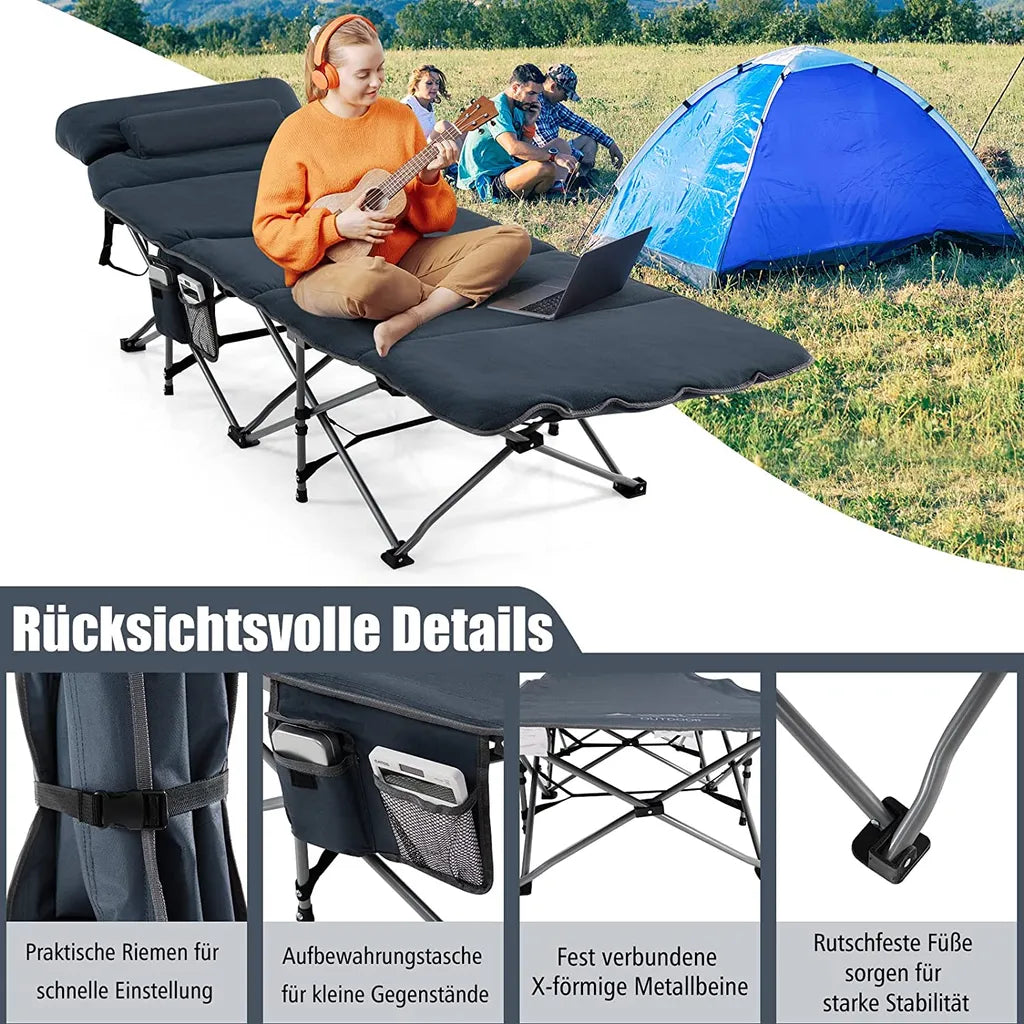  COSTWAY Feldbett Klappbar 190x67x53cm Campingbett Bis 150 Kg Belastbar Klappbett Mit Matratze, Kissen & Seitentasche, Tragbares Campingliege Inkl. Tragetasche Für Camping & Strand Blau