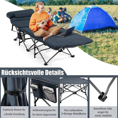  COSTWAY Feldbett Klappbar 190x67x53cm Campingbett Bis 150 Kg Belastbar Klappbett Mit Matratze, Kissen & Seitentasche, Tragbares Campingliege Inkl. Tragetasche Für Camping & Strand Blau