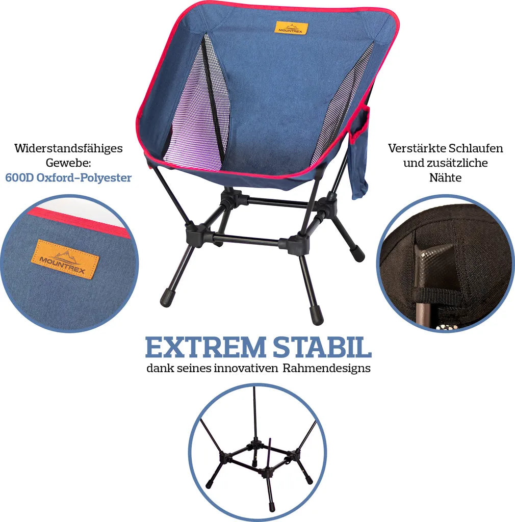  MOUNTREX® Campingstuhl Klappbar – Besonders Stabil, Leicht & Kompakt (bis 120kg) - Klappstuhl Mit Tragetasche - Angelstuhl, Camping Stuhl, Strandstuhl - Breite Sitzfläche, Faltbar (Blau)