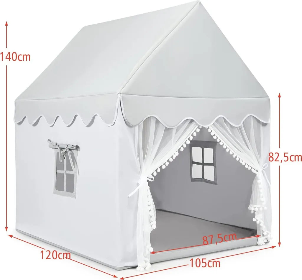  COSTWAY Kinderspielhaus Kinderzelt Spielhaus Prinzess Prinzessin, Kinderspielzelt Stoffzelt Mit Massivholzrahmen & Baumwolldecke, Kinderspielburg Für Jungen Märchen 120x105x140cm (Grau)