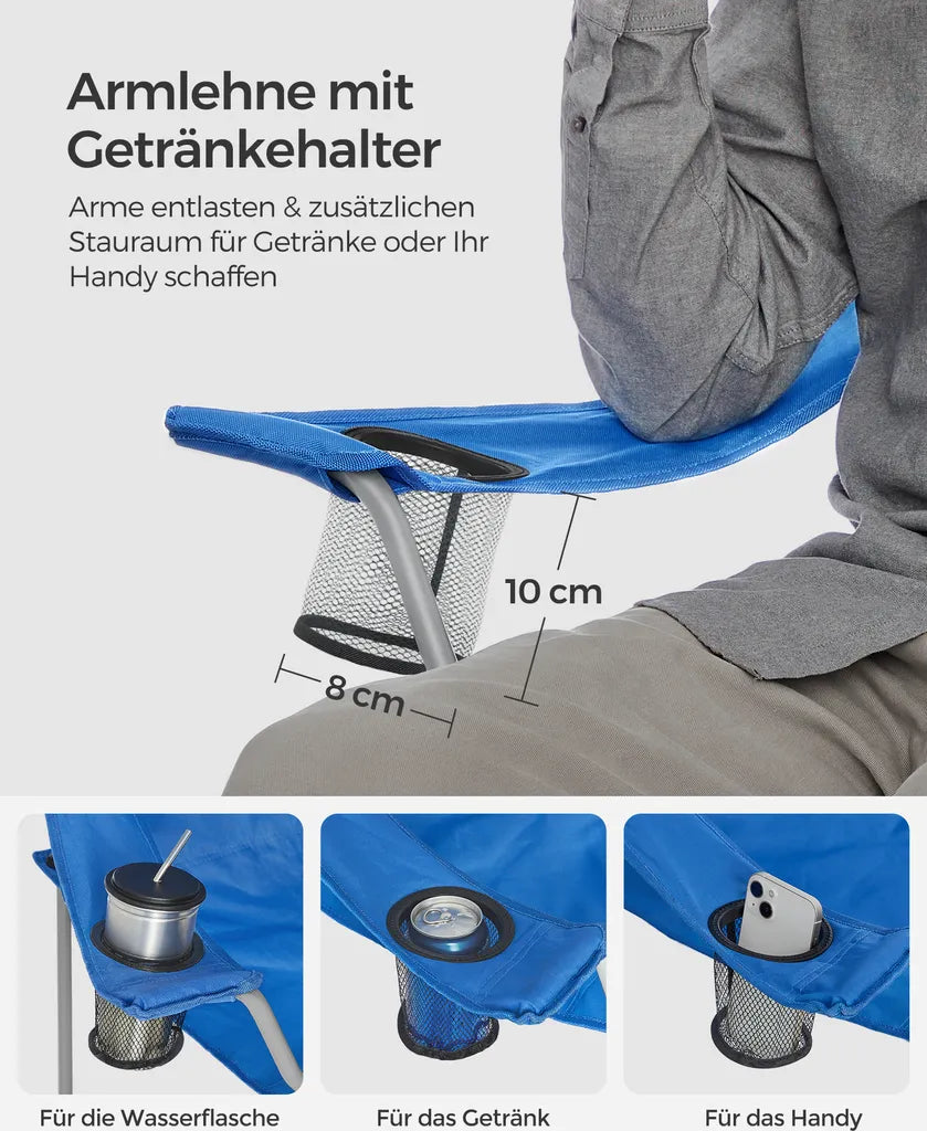  SONGMICS Campingstuhl, 2er-Set, Klappbar, Komfortabel, Klappstuhl Mit Robustem Gestell, Bis 150 Kg Belastbar, Mit Flaschenhalter, Outdoor Stuhl GCB08BU