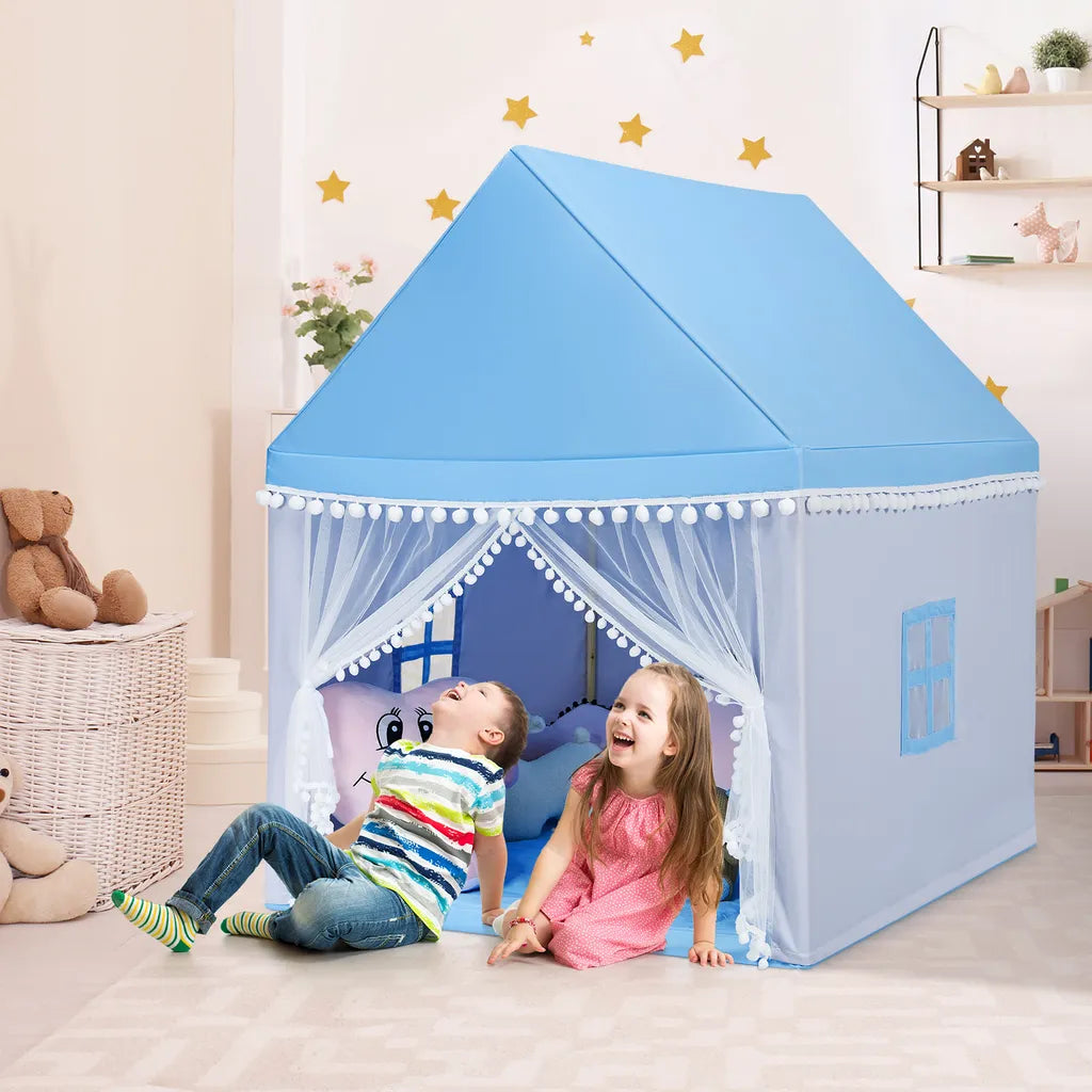  COSTWAY Kinderspielhaus Kinderzelt Spielhaus Prinzess Prinzessin, Kinderspielzelt Stoffzelt Mit Massivholzrahmen & Baumwolldecke, Kinderspielburg Für Jungen Märchen 120x105x140cm (Blau)