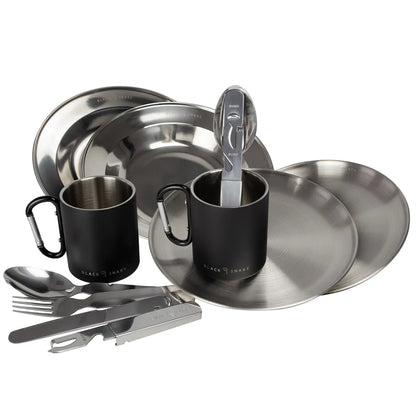  Black Snake® Flacher Und Tiefer Camping Picknick Teller Mit Besteck Plus Karabiner Haken Tasse Aus Edelstahl - 2 Personen - Set
