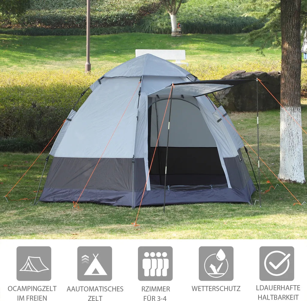  Outsunny Camping Zelt 3-4 Personen Zelt Familienzelt Kuppelzelt 210T PU3000mm Einfache Einrichtung Für Familien Trekking Festival Stahl Glasfaser Grün+Grau 240 X 240 X 195 Cm
