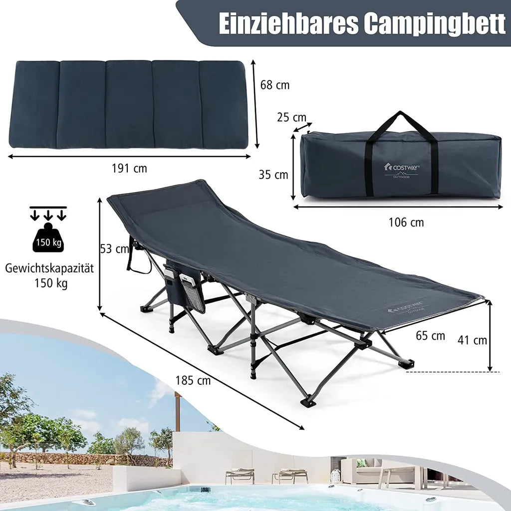  COSTWAY Feldbett Klappbar 190x67x53cm Campingbett Bis 150 Kg Belastbar Klappbett Mit Matratze, Kissen & Seitentasche, Tragbares Campingliege Inkl. Tragetasche Für Camping & Strand Blau