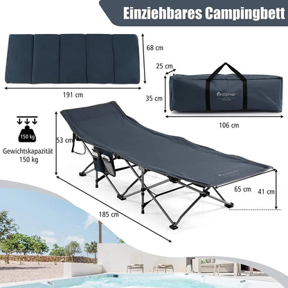  COSTWAY Feldbett Klappbar 190x67x53cm Campingbett Bis 150 Kg Belastbar Klappbett Mit Matratze, Kissen & Seitentasche, Tragbares Campingliege Inkl. Tragetasche Für Camping & Strand Blau
