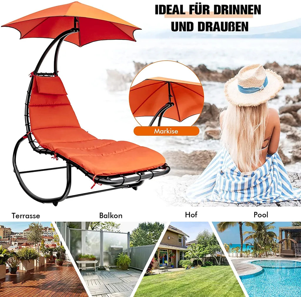  COSTWAY Hängeliege Schwebeliege Mit Sonnenschirm Und Auflage, Sonnenliege Relaxliege Bis 150kg Belastbar, Schaukelliege Für Balkon, Pool, Garten (Orange)