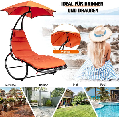  COSTWAY Hängeliege Schwebeliege Mit Sonnenschirm Und Auflage, Sonnenliege Relaxliege Bis 150kg Belastbar, Schaukelliege Für Balkon, Pool, Garten (Orange)