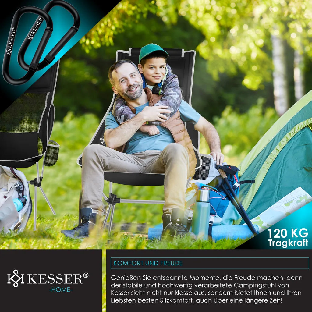  KESSER® Campingstuhl Faltbar Klappbar Mit Hoher Rückenlehne Tragbar Angelstuhl Camping Stuhl Faltstuhl Bis 120 Kg Strandstuhl Angelstuhl Klapphocker Mit Getränkehalter Outdoor Stuhl, Farbe:Schwarz / Grau