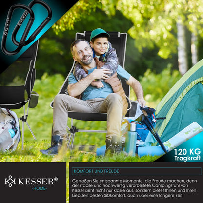  KESSER® Campingstuhl Faltbar Klappbar Mit Hoher Rückenlehne Tragbar Angelstuhl Camping Stuhl Faltstuhl Bis 120 Kg Strandstuhl Angelstuhl Klapphocker Mit Getränkehalter Outdoor Stuhl, Farbe:Schwarz / Grau