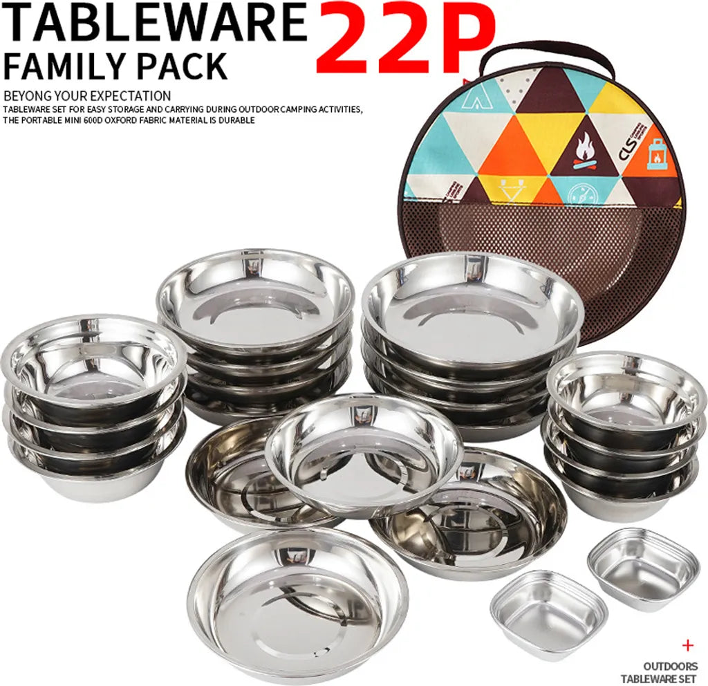  CLS 22-teiliges Tragbares Essteller-Set, Camping-Geschirr-Set, Polierter Edelstahl, Schš¹sseln, Suppent?pfe Mit Aufbewahrungstasche Fš¹r Das Kochen Im Freien, Camping, Picknick, Grillen