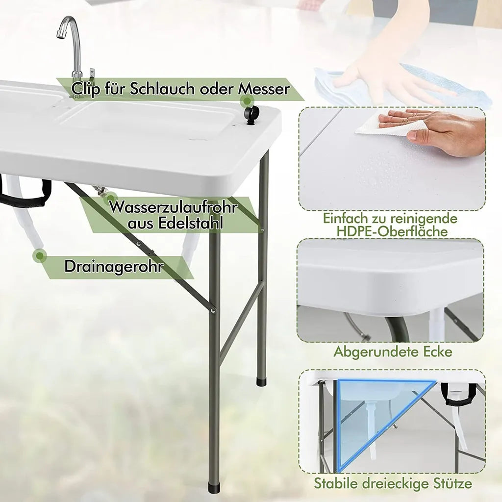  COSTWAY Fischreinigungstisch, Klappbarer Filetiertisch Mit 2 Eingebauten Spülen, Um 360° Drehbarem Wasserhahn & Messskala, Tragbarer Campingtisch Für Camping, Angeln, Grillen