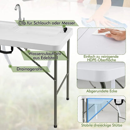  COSTWAY Fischreinigungstisch, Klappbarer Filetiertisch Mit 2 Eingebauten Spülen, Um 360° Drehbarem Wasserhahn & Messskala, Tragbarer Campingtisch Für Camping, Angeln, Grillen