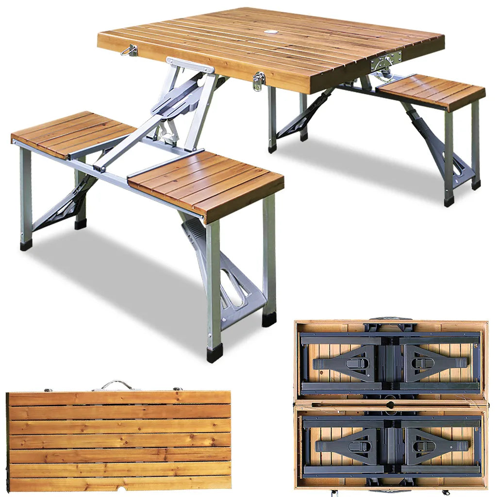  Deuba Alu Campingtisch Mit 4 Stühlen Klappbar Koffertisch Sonnenschirmhalter Tragegriff Sitzgruppe Campingmöbel Set Holz