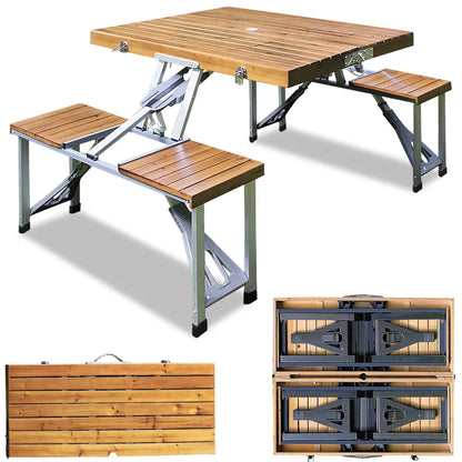  Deuba Alu Campingtisch Mit 4 Stühlen Klappbar Koffertisch Sonnenschirmhalter Tragegriff Sitzgruppe Campingmöbel Set Holz