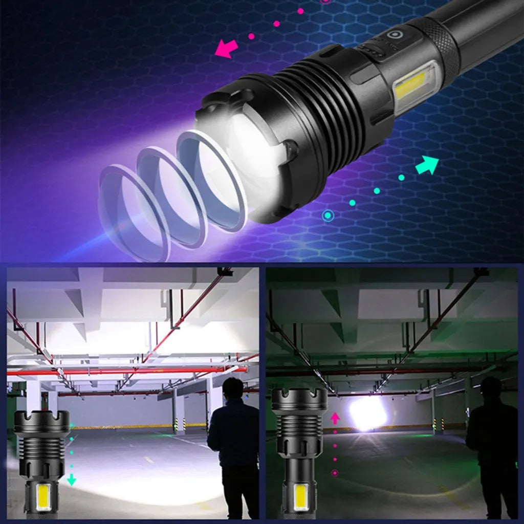  12000 Lumen Taschenlampe, LED Taschenlampe Extrem Hell USB Aufladbar 18650 Batterie, 4 Lichtmodi, Zoombar, Lange Arbeitszeit Taktische Taschenlampe