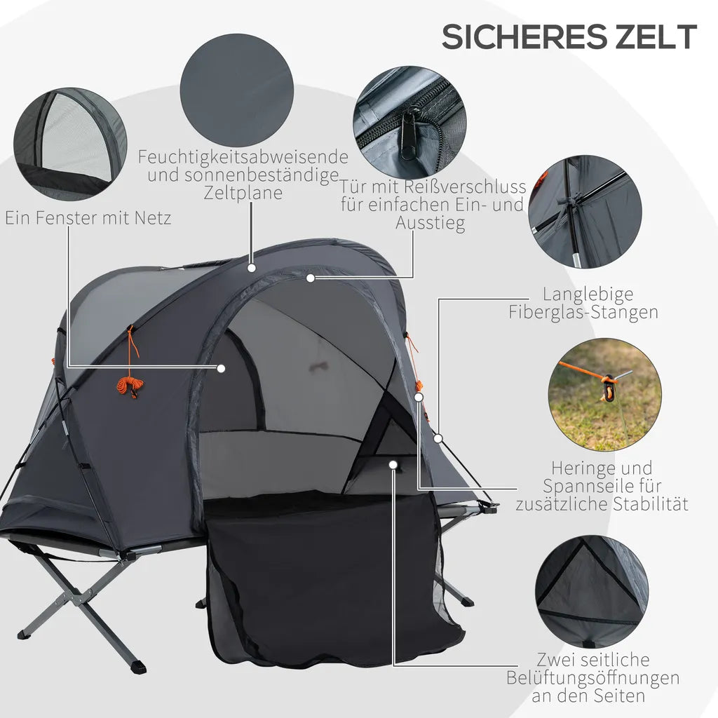  Outsunny Campingbett Mit Zelt Erhöhtes Feldbett Für 1 Person Kuppelzelt Mit Luftmatratze Inkl. Tragetasche Grau 200 X 86 X 147 Cm