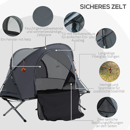  Outsunny Campingbett Mit Zelt Erhöhtes Feldbett Für 1 Person Kuppelzelt Mit Luftmatratze Inkl. Tragetasche Grau 200 X 86 X 147 Cm