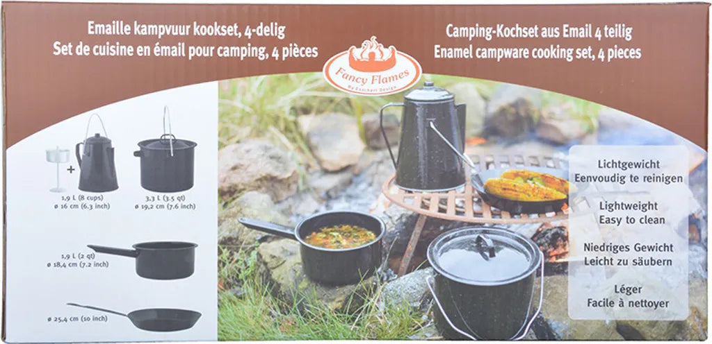  Esschert Design Outdoor Kochset - 4 Teilig (Bratpfanne ø 25.4 Cm, Topf Mit Griff 1,9 L. ø 18,4 Cm, Topf Mit Henkel 3,3 L. ø 19 Cm, Kaffekanne 1,9 L. (für 8 Tassen) ø 16 Cm); FF215
