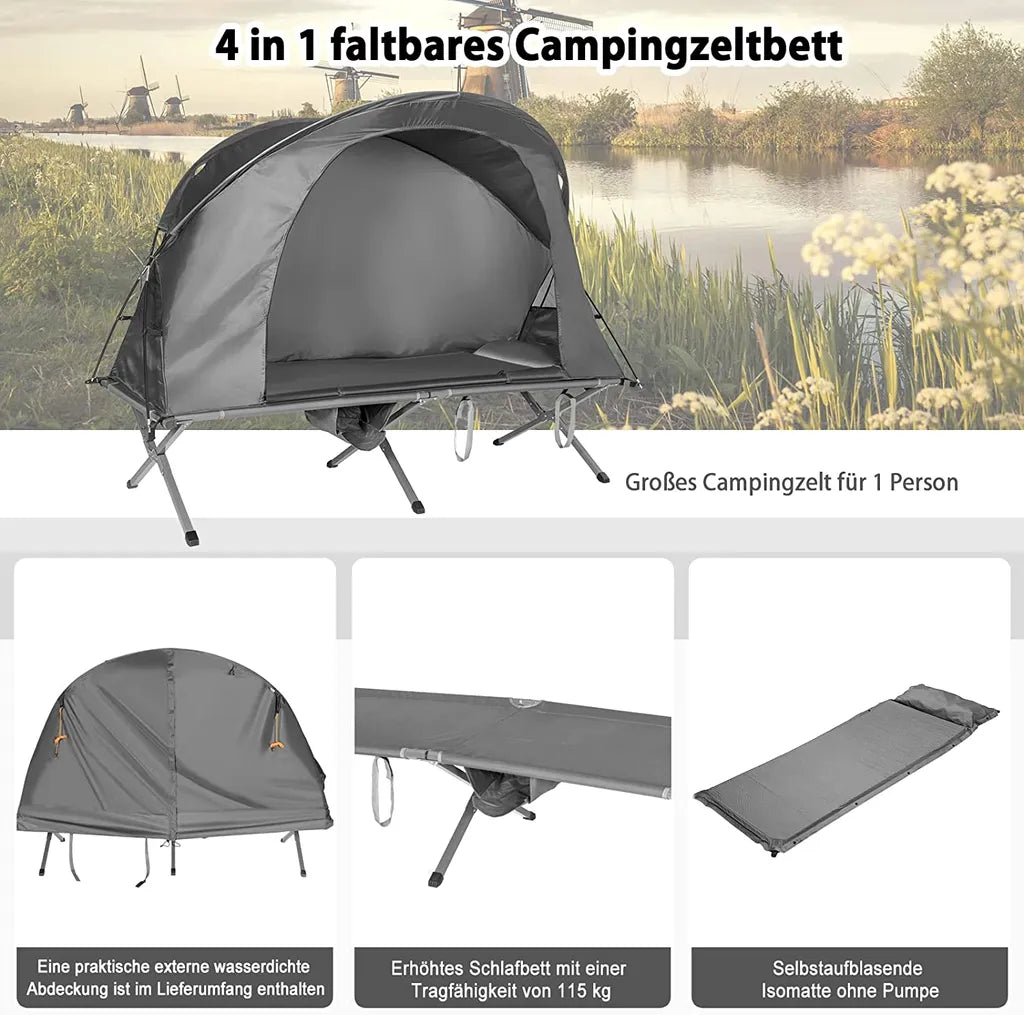  COSTWAY 4in1 Campingzelt Set Faltbar Für 1 Personen Mit Aufblasbare Matratze Tragetasche Abdeckung & Erhöhtem Campingbett & Zelt Kuppelzelt 120kg Belastbar