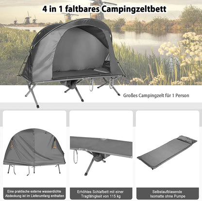  COSTWAY 4in1 Campingzelt Set Faltbar Für 1 Personen Mit Aufblasbare Matratze Tragetasche Abdeckung & Erhöhtem Campingbett & Zelt Kuppelzelt 120kg Belastbar