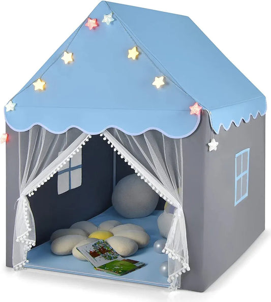  COSTWAY Kinderspielhaus Mit Sternenlichter, Prinzessin Prinzess Kinderzelt Mit Fenster & Matte, Spielzelt Mit Doppeltem Vorhang, Kinderspielzelt, Kinderspielburg Für Jungen Und Märchen (Blau)
