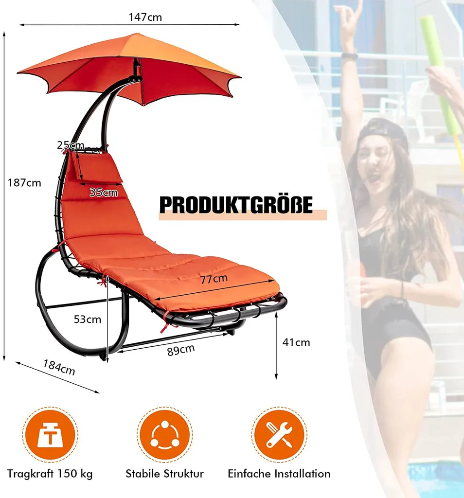  COSTWAY Hängeliege Schwebeliege Mit Sonnenschirm Und Auflage, Sonnenliege Relaxliege Bis 150kg Belastbar, Schaukelliege Für Balkon, Pool, Garten (Orange)