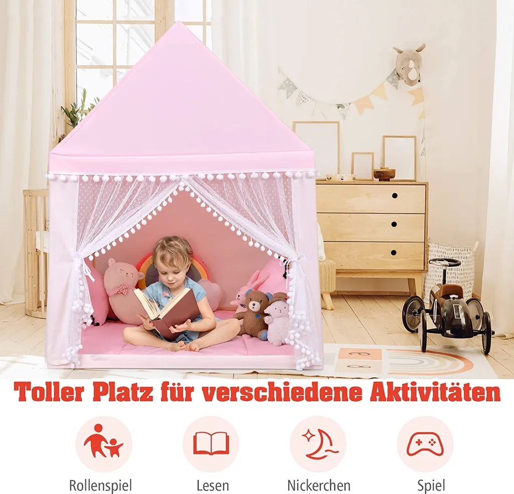  COSTWAY Kinderspielhaus Kinderzelt Spielhaus Prinzess Prinzessin, Kinderspielzelt Stoffzelt Mit Massivholzrahmen & Baumwolldecke, Kinderspielburg Für Jungen Märchen 120x105x140cm (Rosa)