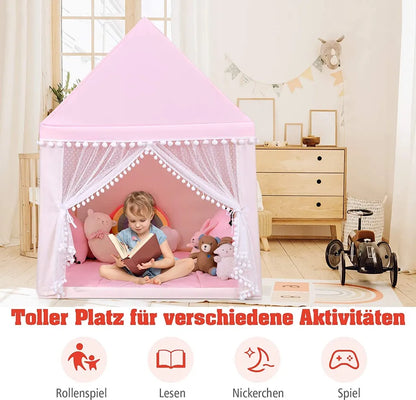  COSTWAY Kinderspielhaus Kinderzelt Spielhaus Prinzess Prinzessin, Kinderspielzelt Stoffzelt Mit Massivholzrahmen & Baumwolldecke, Kinderspielburg Für Jungen Märchen 120x105x140cm (Rosa)