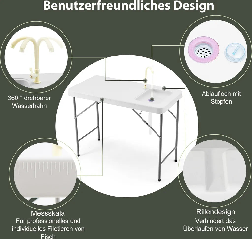  COSTWAY Tragbarer Fischreinigungstisch, Klappbarer Campingtisch Mit Spüle, Wasserhahn, Filetiertisch Outdoorspüle Für Garten, Camping, Angeln