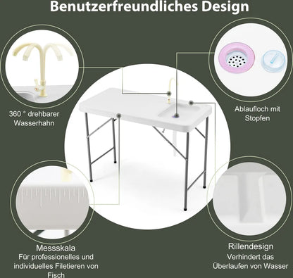  COSTWAY Tragbarer Fischreinigungstisch, Klappbarer Campingtisch Mit Spüle, Wasserhahn, Filetiertisch Outdoorspüle Für Garten, Camping, Angeln